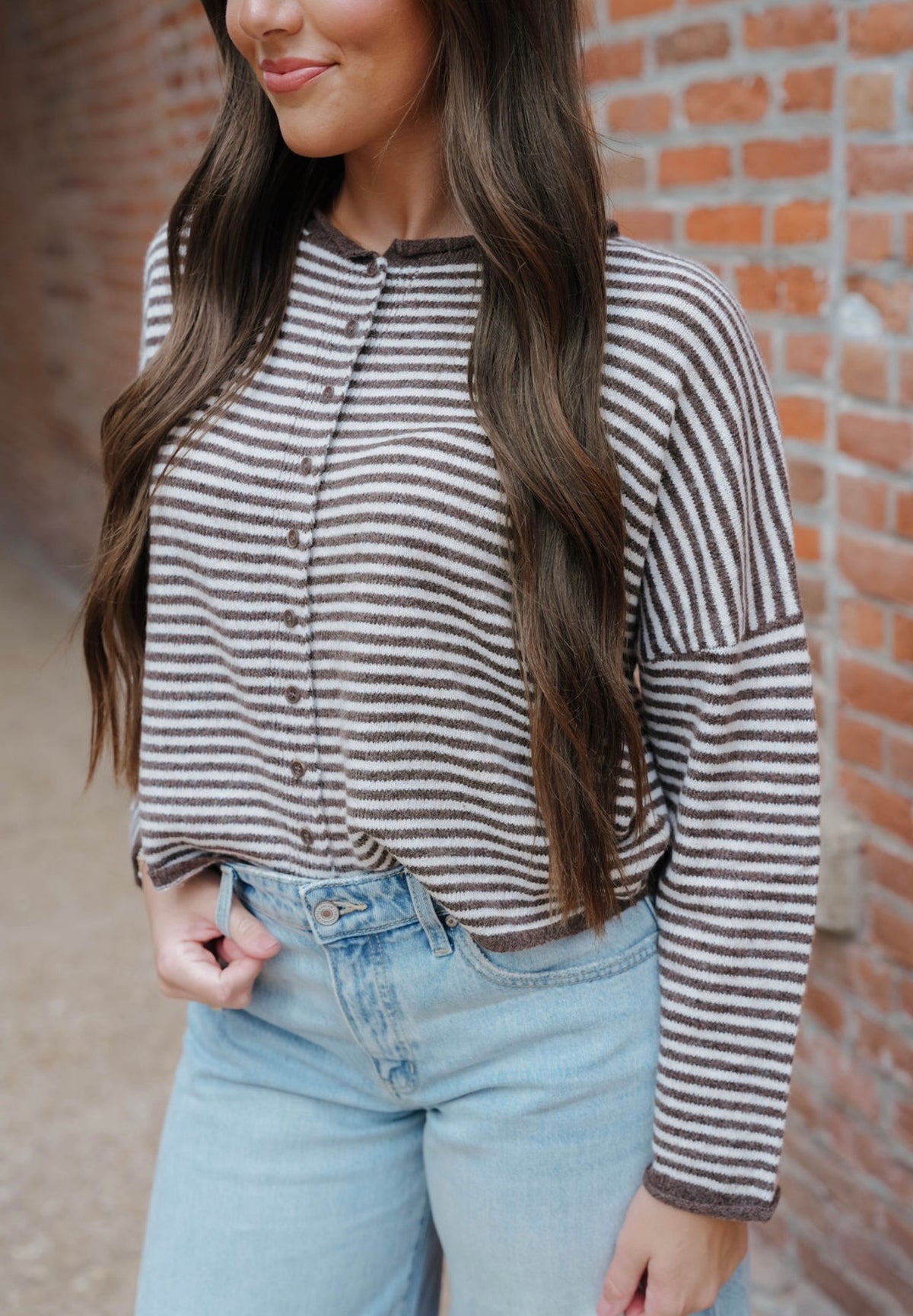 Stripe Raw Edge Drop Shoulder Knit Cardigan Brown