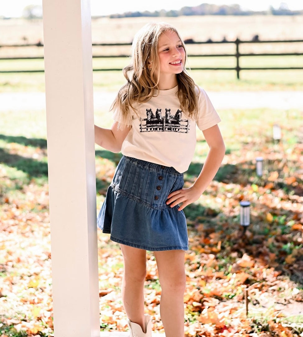Girls Pleated Button Detail Denim Skirt