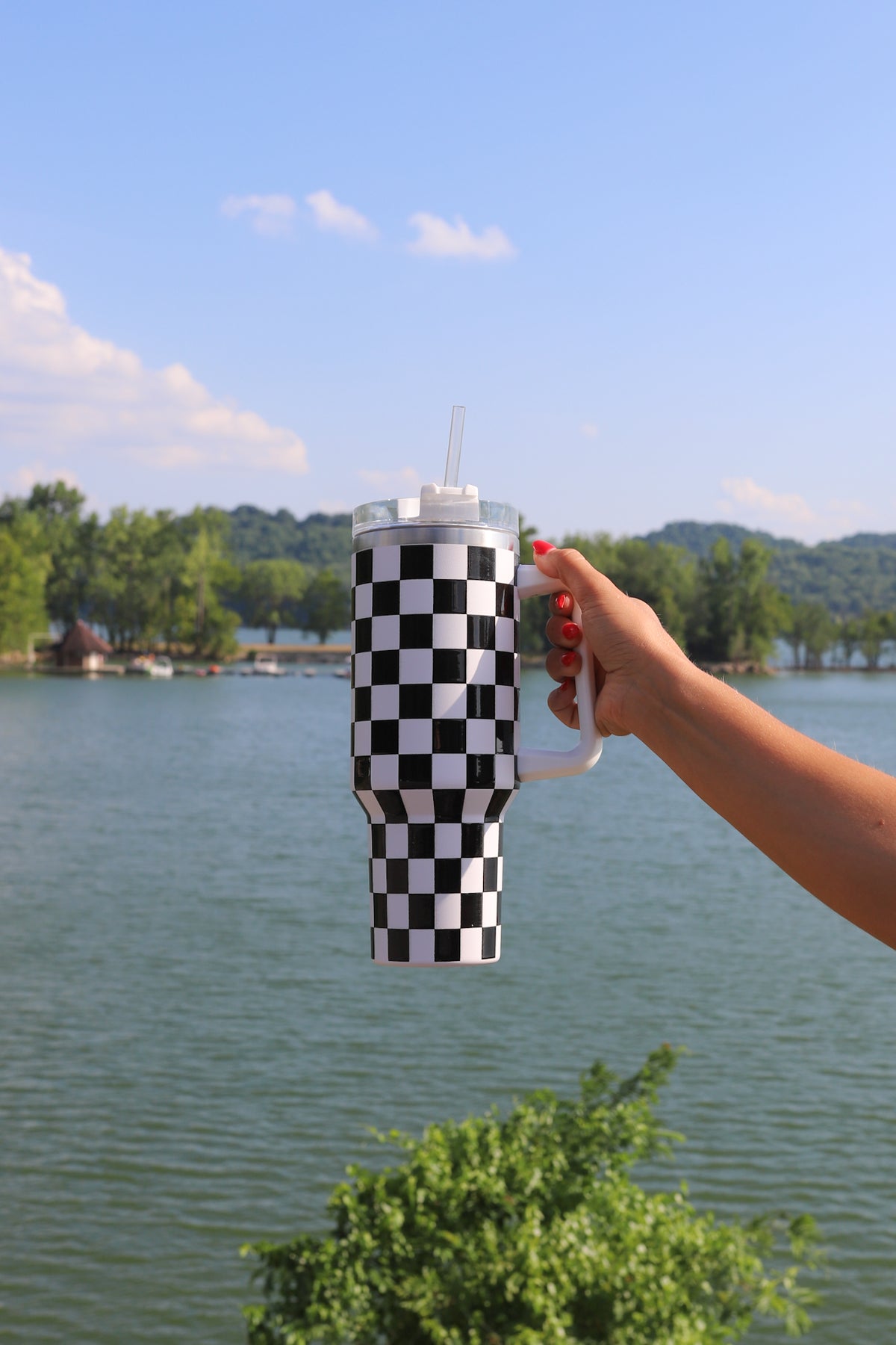 Black and White Check Tumbler with Handle