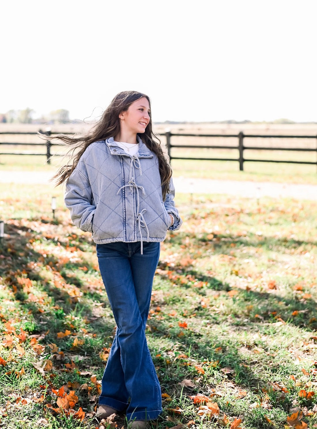 Denim Quilted Tie Puffer Jacket