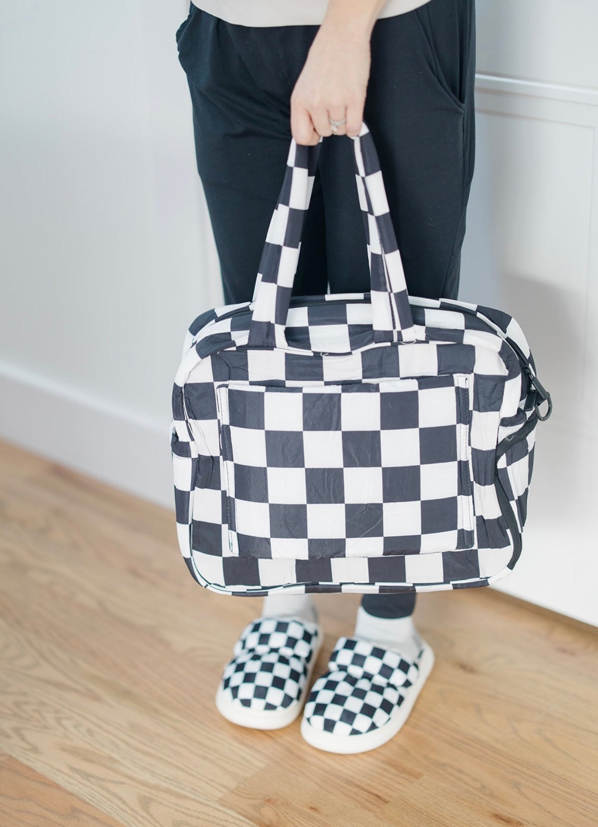 Puffer Duffel Bag in Black &amp; White Checkerboard