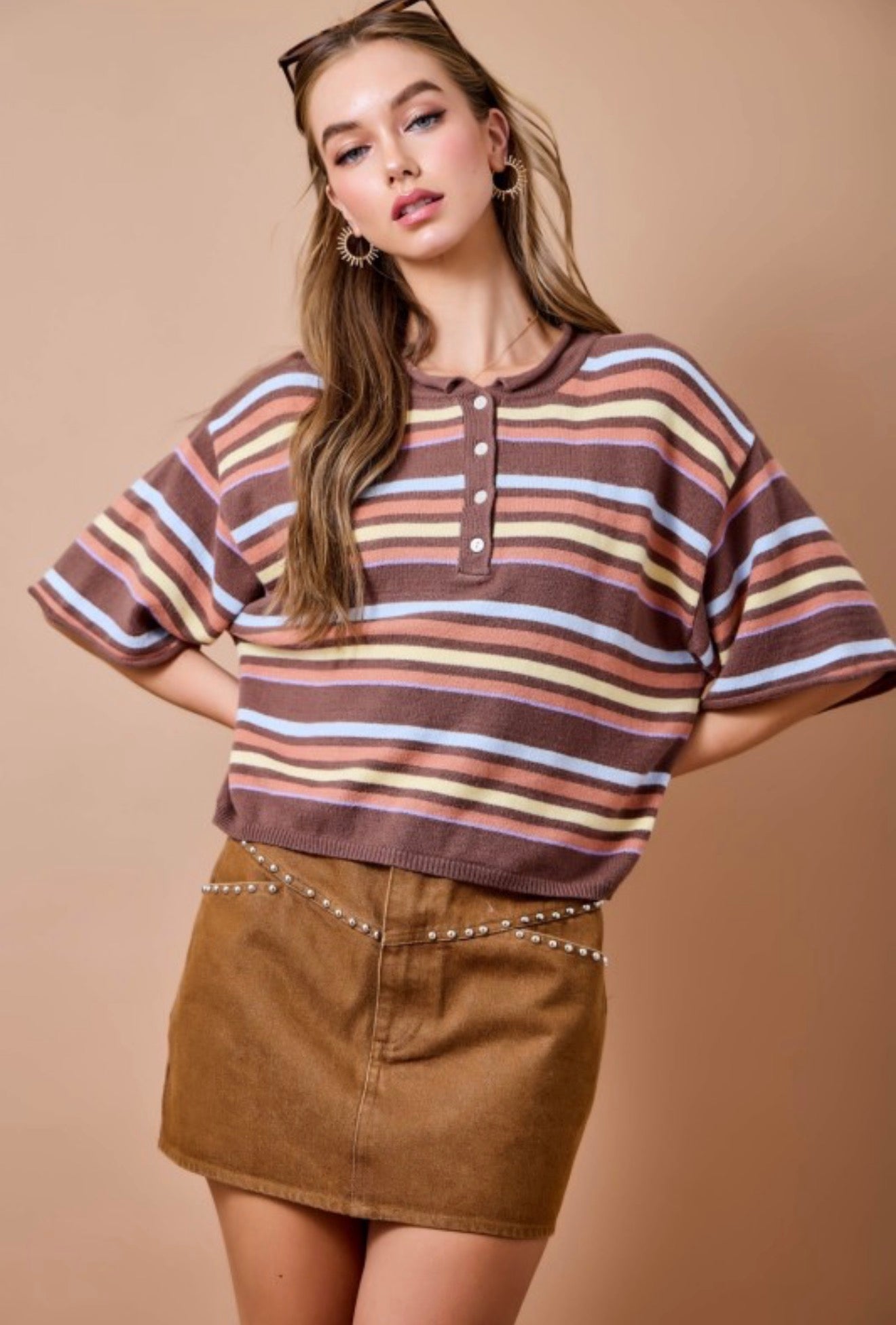 Brown Multi Striped Short Sleeve Sweater Knit Top
