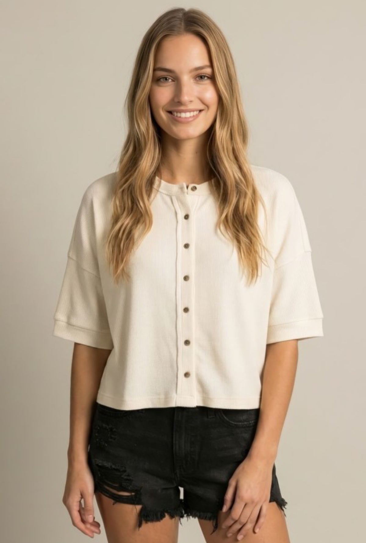 Cream Button Down Cardigan Boxy Knit Top