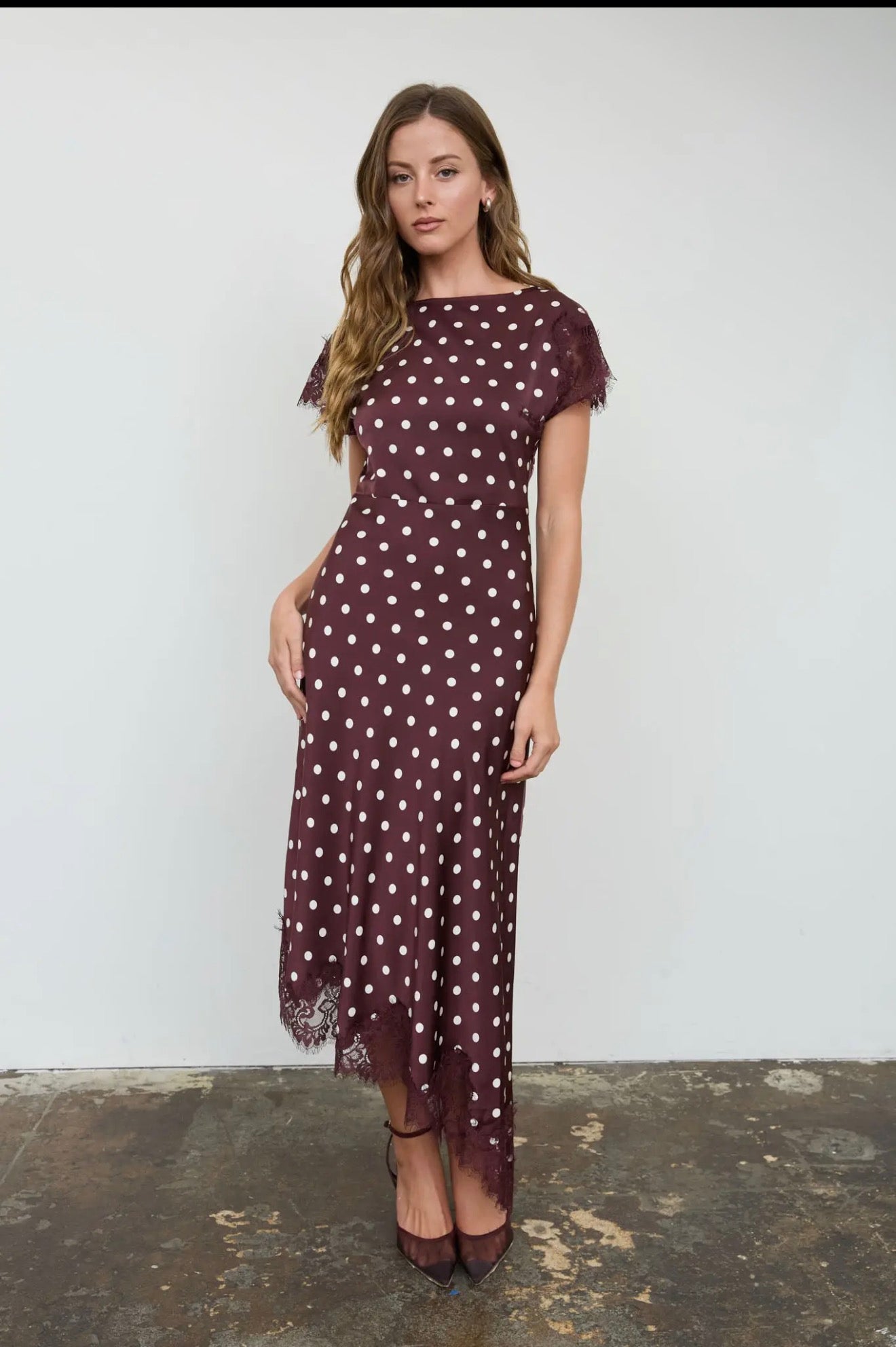 Maroon Polka Dot Lace Trim Short Sleeve MIDI Dress