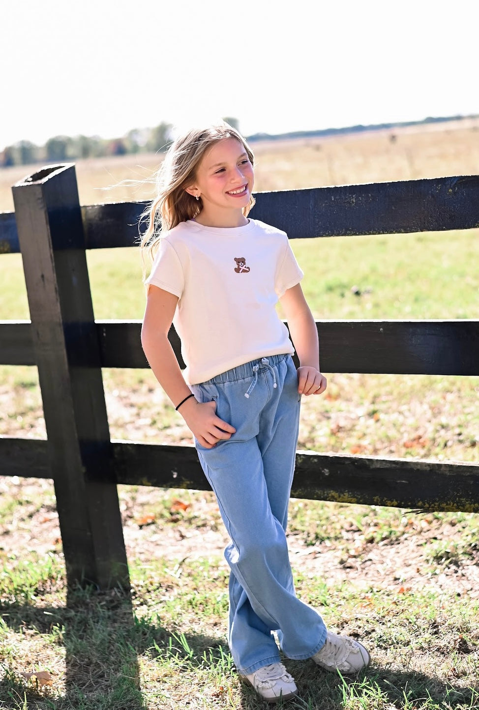 Teddy Bear Embroidery With Ribbon Baby Tee