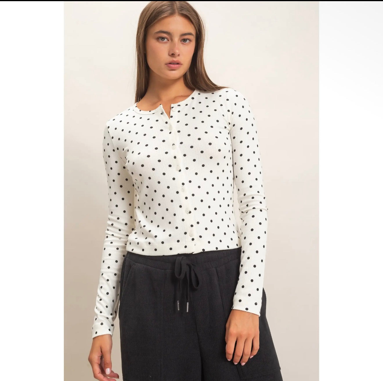 Cream Polka Dot Button Front Long Sleeve