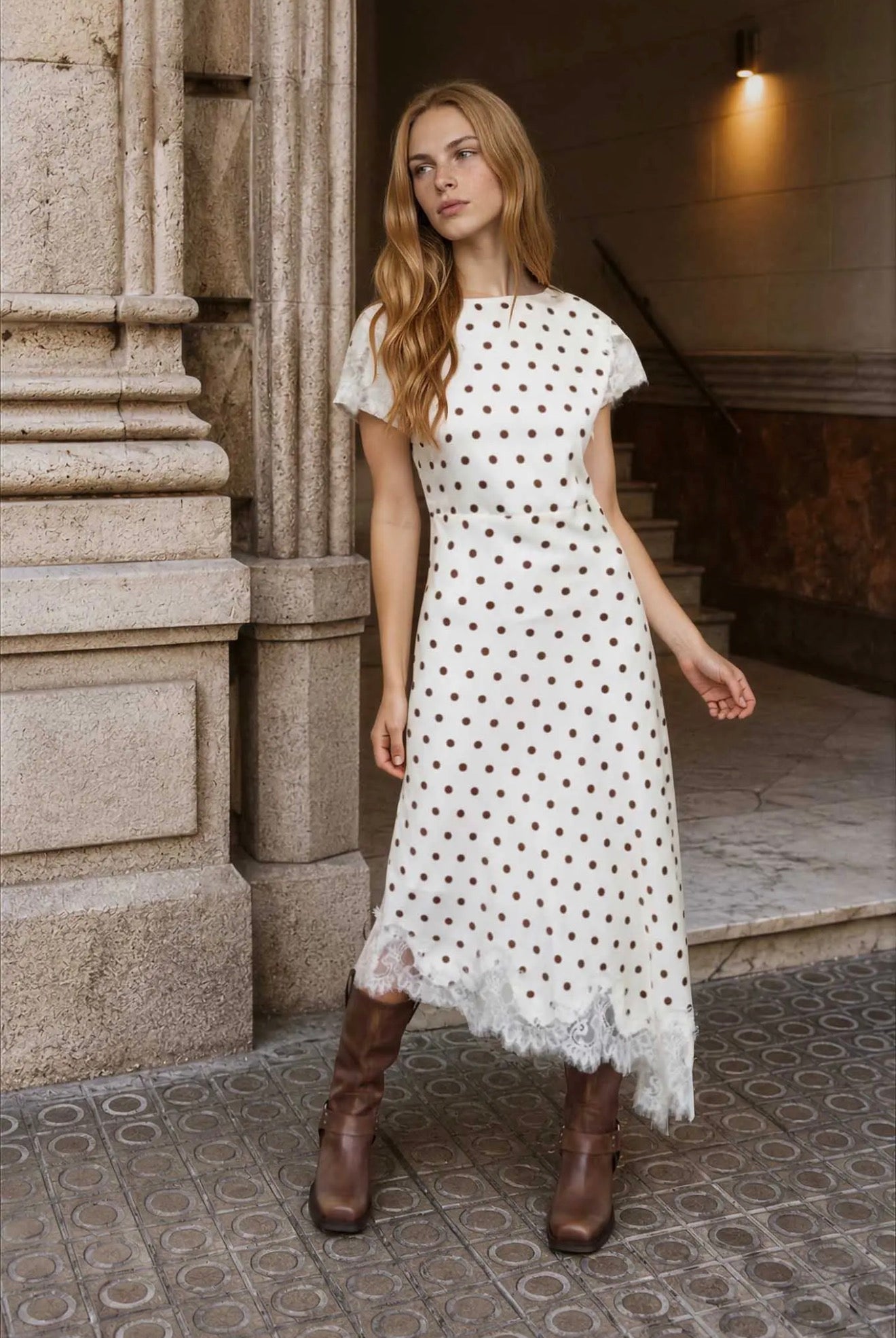 Cream Polka Dot Lace Trim Short Sleeve MIDI Dress