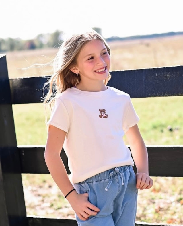 Teddy Bear Embroidery With Ribbon Baby Tee