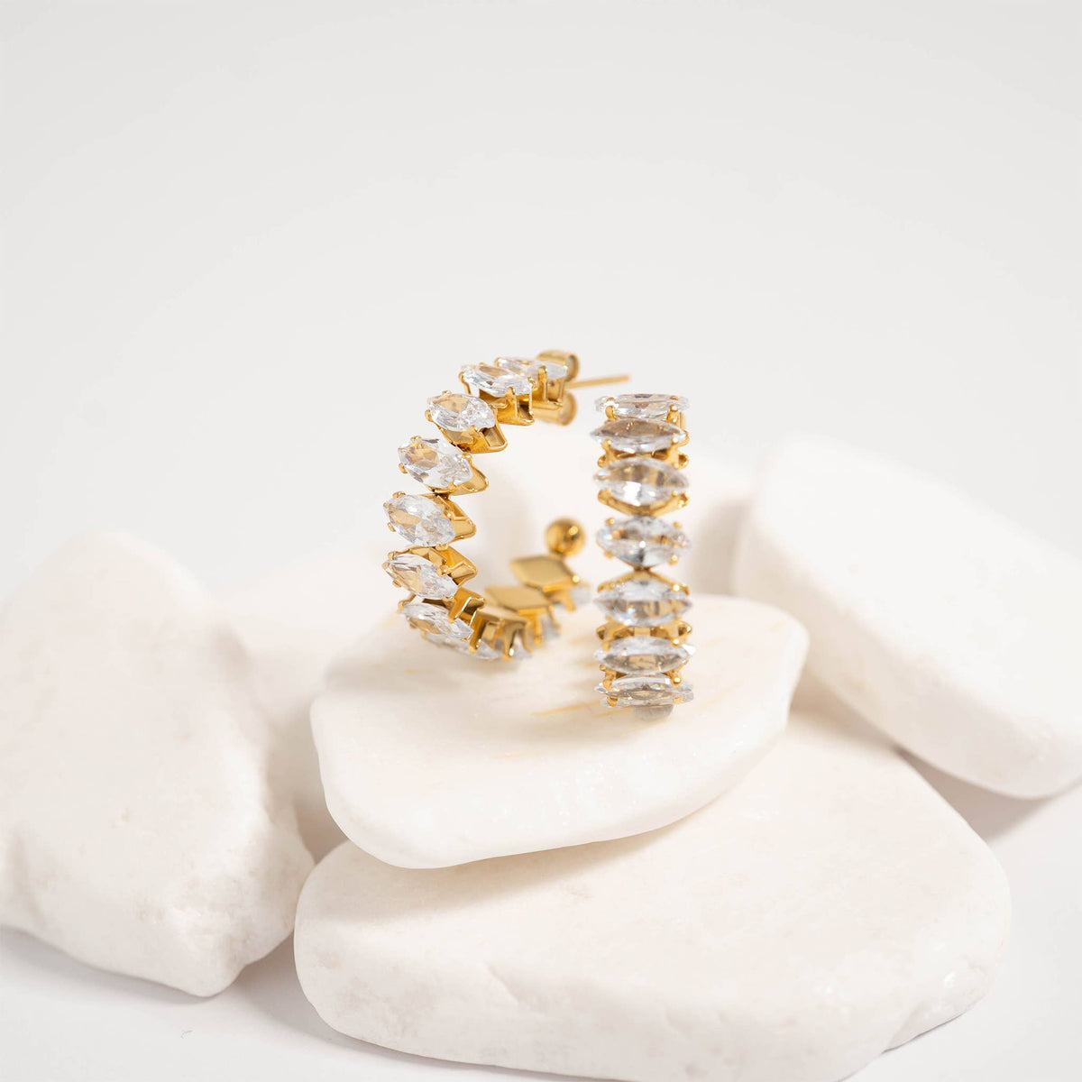 18K Gold PVD Stainless Steel Marquis CZ Stone Hoop Earrings: Gold