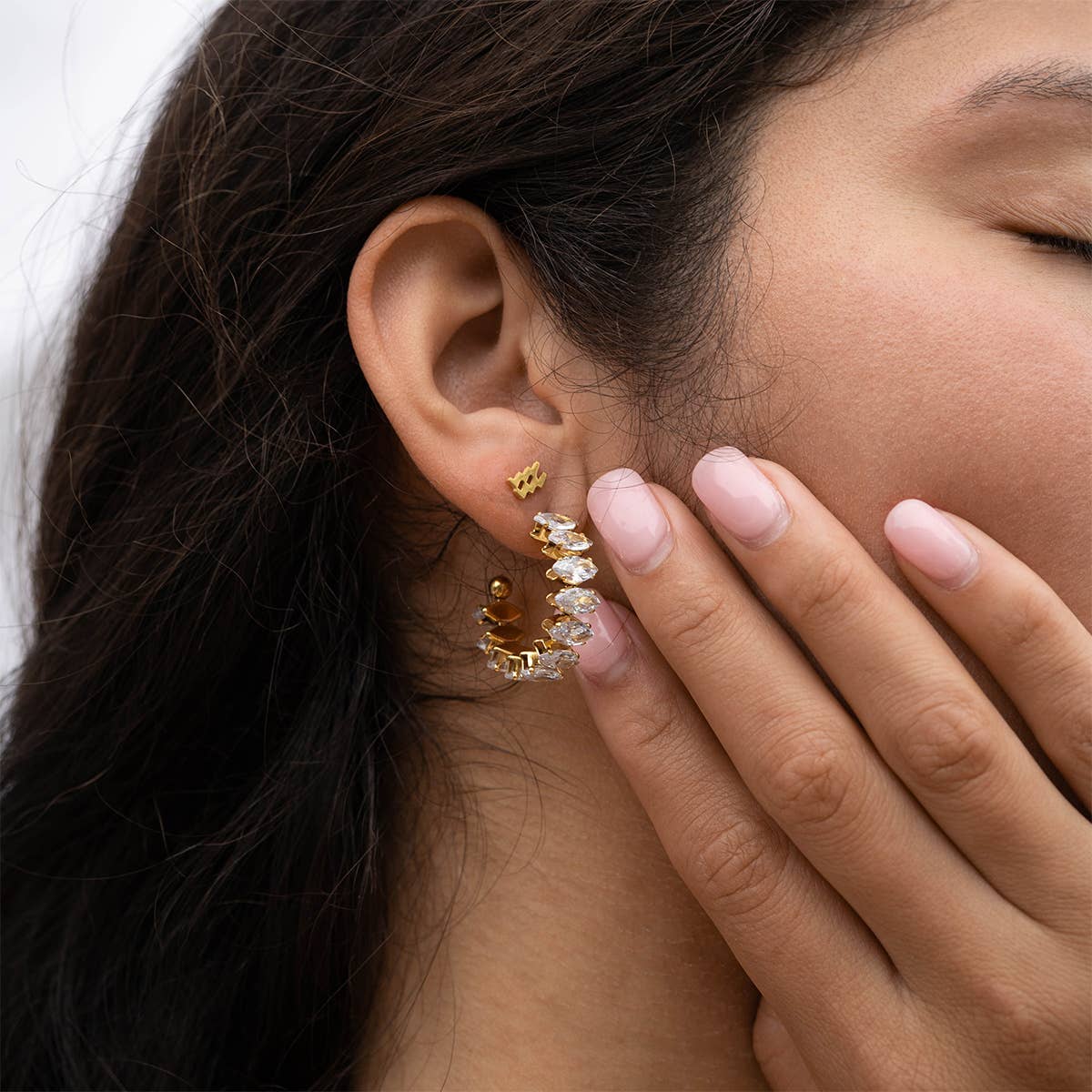 18K Gold PVD Stainless Steel Marquis CZ Stone Hoop Earrings: Gold